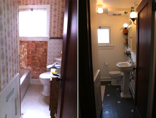 Before and After Bathroom Renovation with hexagon tiles. 1945. sarah skry. Hamilton, GTA, Toronto, and Niagara